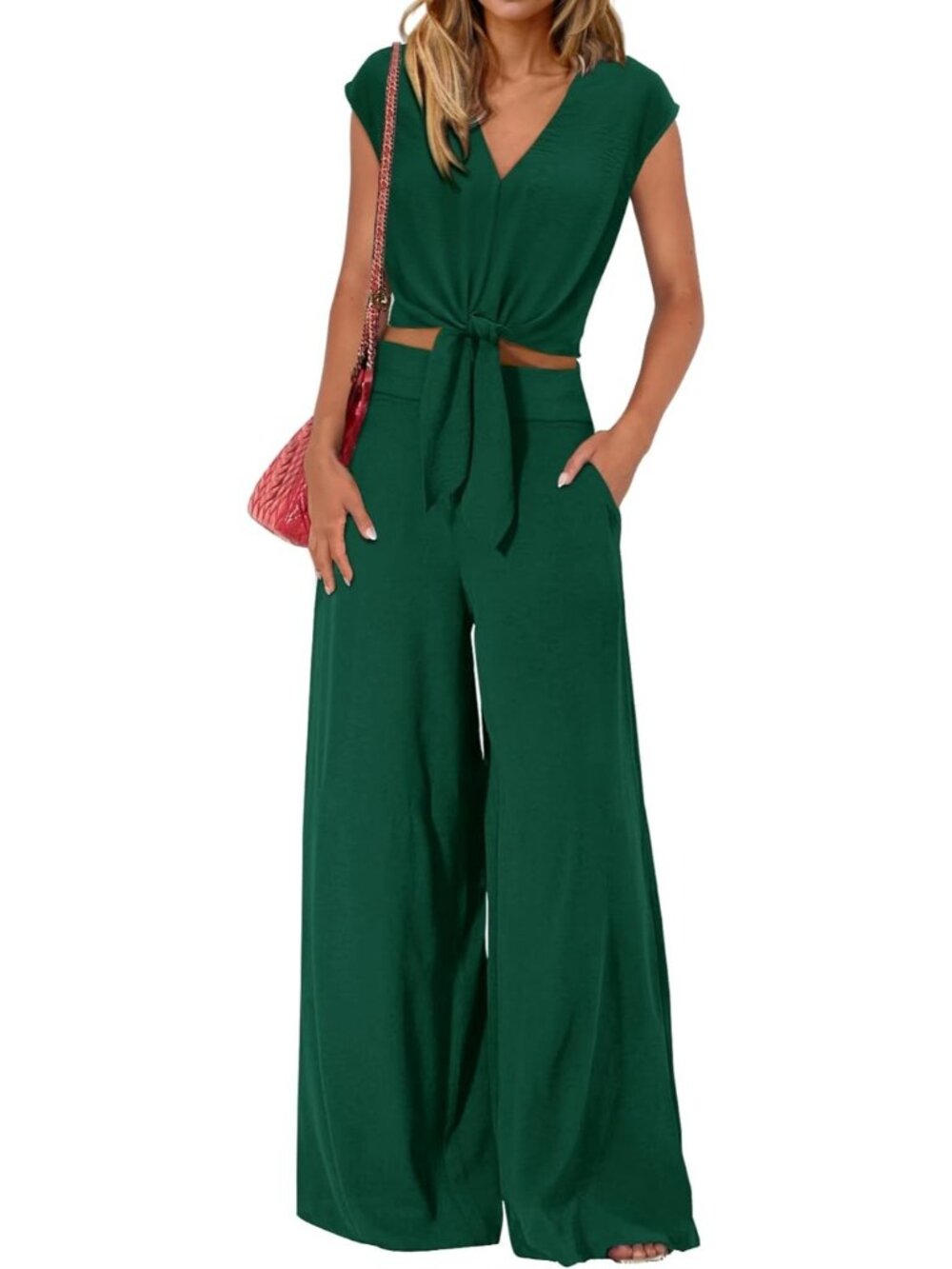 Women's Dark Green Summer 2 Piece Outfits Cap Sleeve V Neck Belted Crop Tops